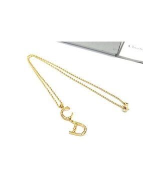 Dior Necklace Swing Pendant Gold Metal Rhinestone CD Logo